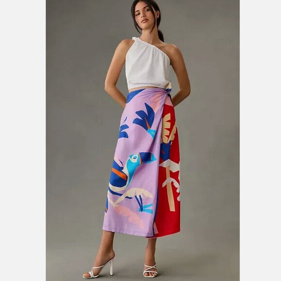 Farm Rio X Anthropologie Geo Wrap Linen Skirt Parrot Sarong Size Large L NWT